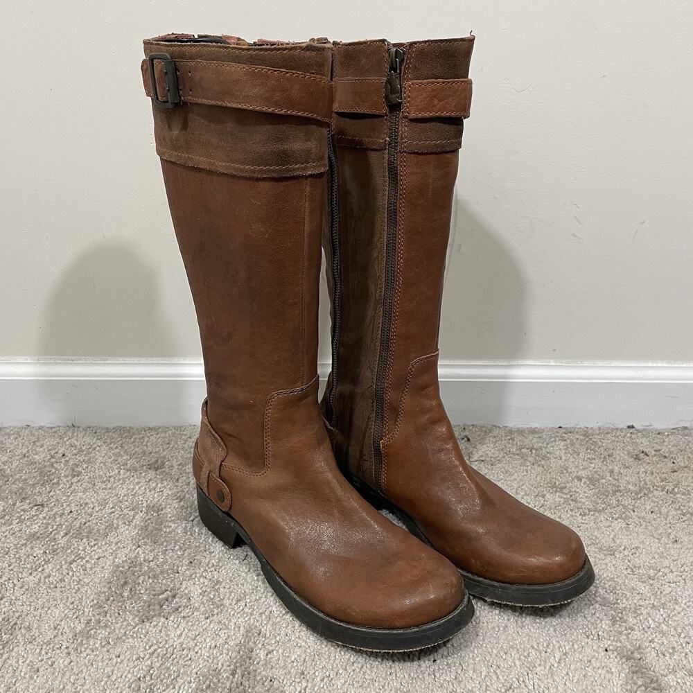 London Underground Tan Brown Leather Knee High Boots Womens Size 8.5 Dual Zip